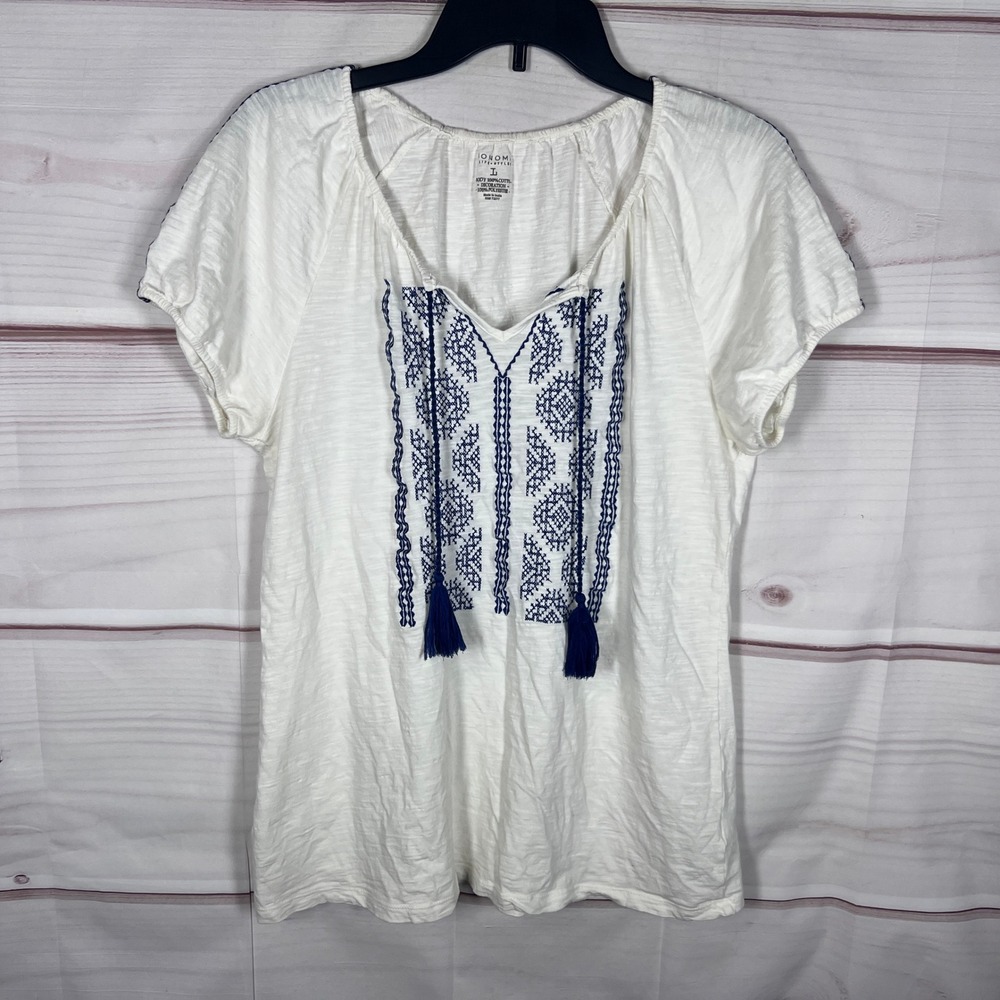 Sonoma Top Womens L White Embroidered Peasant Tassel Short Sleeve Slub Knit Boho